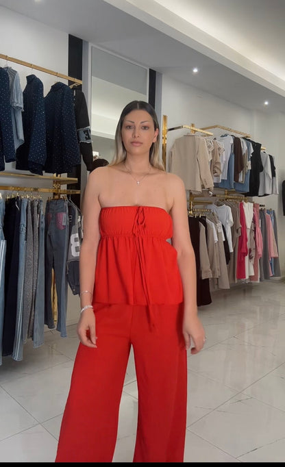 Completo Donna Rosso con Top a Fascia e Pantalone Palazzo