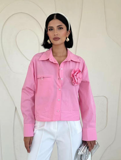 Camicia Rosa Cropped con Maxi Fiore