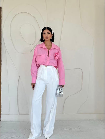 Camicia Rosa Cropped con Maxi Fiore
