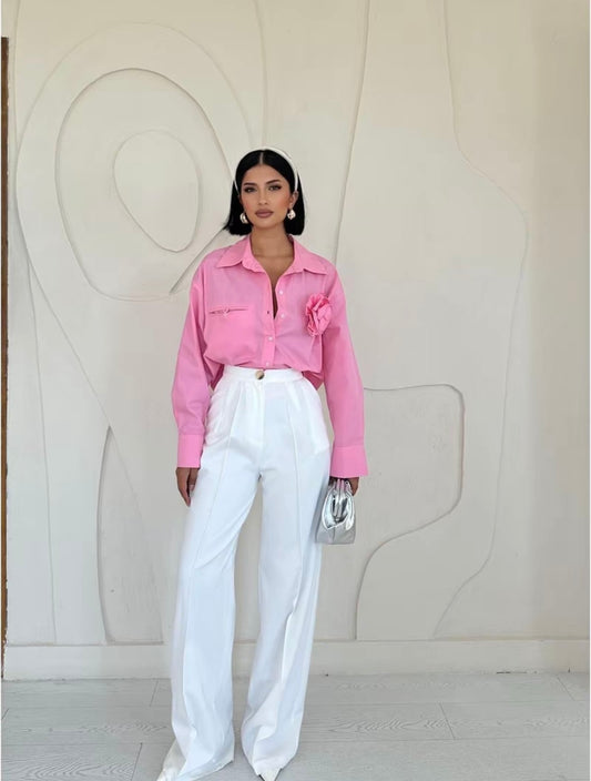 Camicia Rosa Cropped con Maxi Fiore