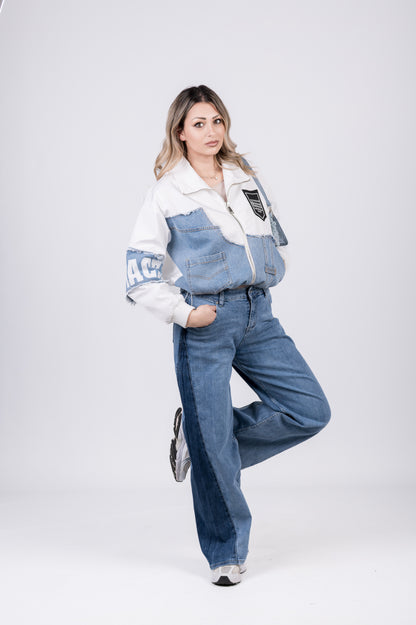 Jeans wide leg con banda laterale