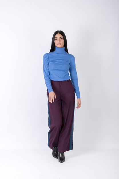 Pantalone donna gamba larga con banda laterale