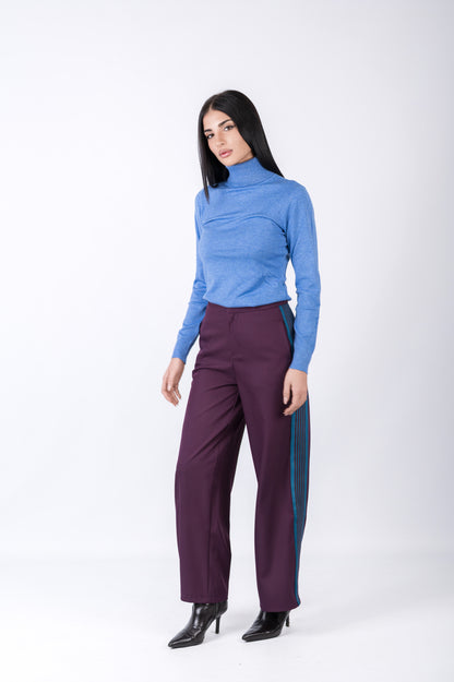 Pantalone donna gamba larga con banda laterale
